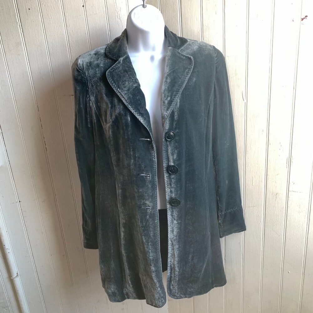 Coldwater Creek Blue Fairy Velvet Coat Duster Lined Black Paisley Pockets - Sz 4